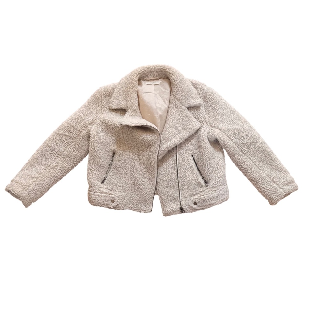 ASTR The Label Cream Teddy Faux Shearling Moto Jacket Womens Size M Ivory Zip
